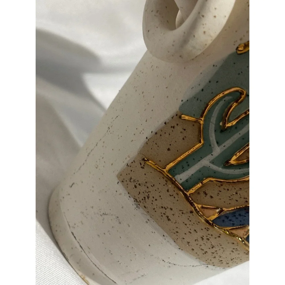 Southwestern Hand Painted Pottery Vase Desert Scene Ring Handles Gold Trim Aztec